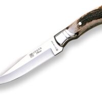 CUCHILLO DE CAZA JOKER IBICE, MANGO ASTA DE CIERVO Y HOJA ACERO INOX DE 15 CM.FUNDA DE CUERO.