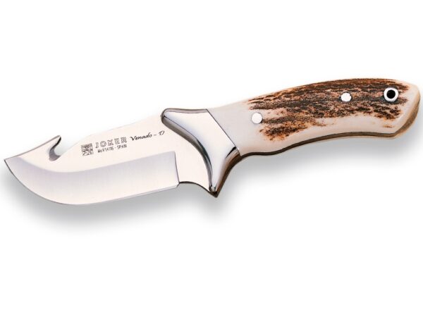 CUCHILLO DESOLLADOR JOKER VENADO D, VIROLA INOX, CACHAS ASTA DE CIERVO, HOJA INOX DE 10 CM.FUNDA DE CUERO.