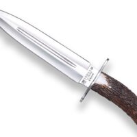 CUCHILLO DE REMATE JOKER COYOTE, PUÑO DE CIERVO, HOJA DE DOBLE FILO DE 23 CM. FUNDA DE CUERO