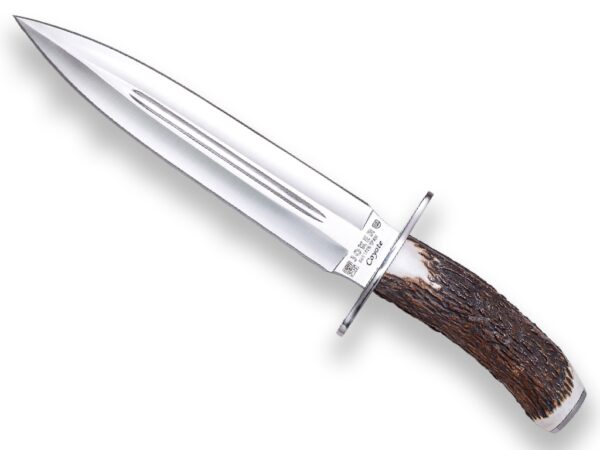 CUCHILLO DE REMATE JOKER COYOTE, PUÑO DE CIERVO, HOJA DE DOBLE FILO DE 23 CM. FUNDA DE CUERO