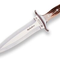 CUCHILLO DE REMATE JOKER REHALERO CON PUÑO DE CIERVO Y HOJA DE DOBLE FILO DE 23,5 CM. FUNDA DE CUERO