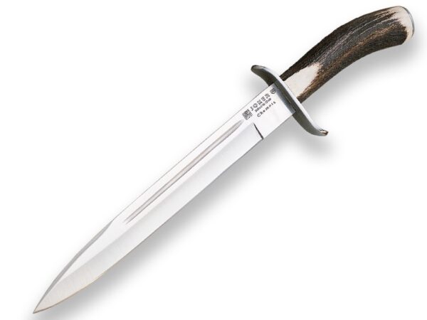 CUCHILLO DE REMATE JOKER CHAMOÍS, PUÑO DE CIERVO, HOJA DE 25,5 CM.FUNDA DE CUERO