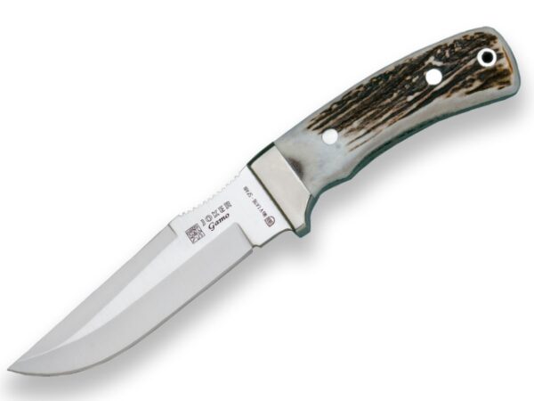 CUCHILLO DE CAZA JOKER GAMO, CACHAS ASTA DE CIERVO Y HOJA DE 13 CM.FUNDA DE CUERO