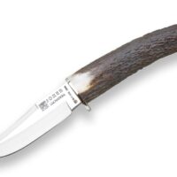 CUCHILLO DE CAZA JOKER LUCHASDERA, MANGO PUNTA ASTA CIERVO, HOJA DE 10 CM. FUNDA DE CUERO.
