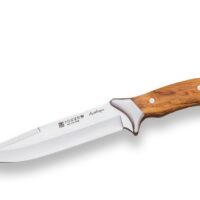 CUCHILLO DE CAZA JOKER ANTÍLOPE, CACHAS MADERA OLIVO, HOJA 19.5 CM ACERO INOX MOVA.FUNDA DE CUERO.
