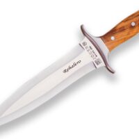 CUCHILLO DE REMATE JOKER REHALERO CON PUÑO DE OLIVO Y HOJA DE DOBLE FILO DE 23,5 CM. CON FUNDA DE CUERO
