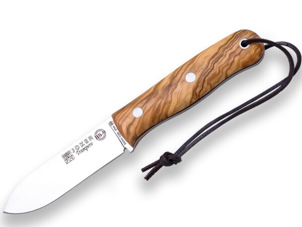 CUCHILLO BUSHCRAFT Y SUPERVIVENCIA "JOKER BS9 TRAMPERO". ACERO SANDVIK 14C28N, MANGO MADERA DE OLIVO, HOJA 10 CM. CON FUNDA VAQUETILLA