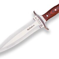 CUCHILLO DE REMATE JOKER REHALERO CON PUÑO DE MADERA ROJA Y HOJA DE DOBLE FILO DE 23,5 CM. FUNDA DE CUERO