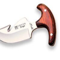 CUCHILLO DESOLLADOR JOKER DOGO, MANGO MADERA ROJA, HOJA DE 8 CM.FUNDA DE CUERO.