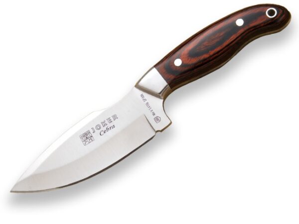 CUCHILLO DESOLLADOR JOKER CEBRA, MANGO MADERA ROJA Y HOJA INOX DE 11 CM. FUNDA DE CUERO.