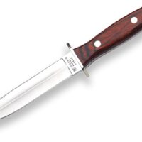 CUCHILLO DE MONTE ENTERIZO CON CACHAS DE MADERA ROJA Y HOJA DOBLE FILO DE 15,5 CM.