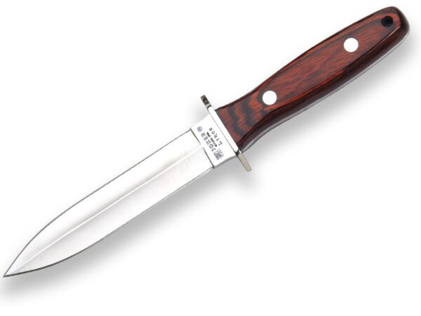 CUCHILLO DE MONTE ENTERIZO CON CACHAS DE MADERA ROJA Y HOJA DOBLE FILO DE 15,5 CM.