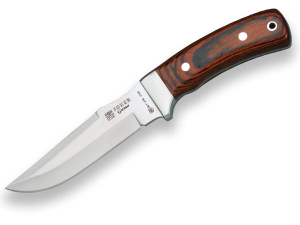 CUCHILLO DE CAZA JOKER GAMO, MANGO MADERA ROJA, HOJA 13 CM ACERO INOX MOVA. FUNDA DE CUERO.