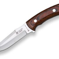 CUCHILLO DE CAZA "JOKER GAMO", MANGO MADERA ROJA Y HOJA 13 CM INOX MOVA. FUNDA DE CUERO.