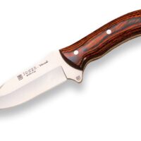 CUCHILLO DESOLLADOR "JOKER VENADO", CACHAS MADERA ROJA, HOJA DE 11 CM.ACERO INOX. FUNDA DE CUERO.