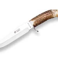 CUCHILLO DE CAZA "JOKER JABATO" CON PUÑO CIERVO TALLADO A MANO Y HOJA DE 17 CM. FUNDA DE CUERO.