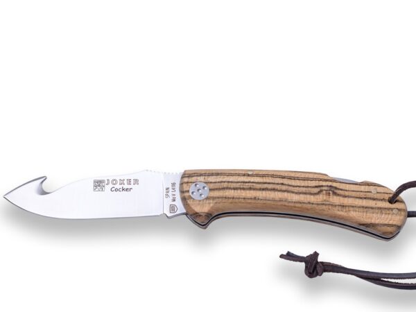 NAVAJA DE CAZA JOKER COCKER PARA DESOLLAR HOJA ACERO INOX MOVA 9 CM Y CACHAS EN MADERA DE BOCOTE